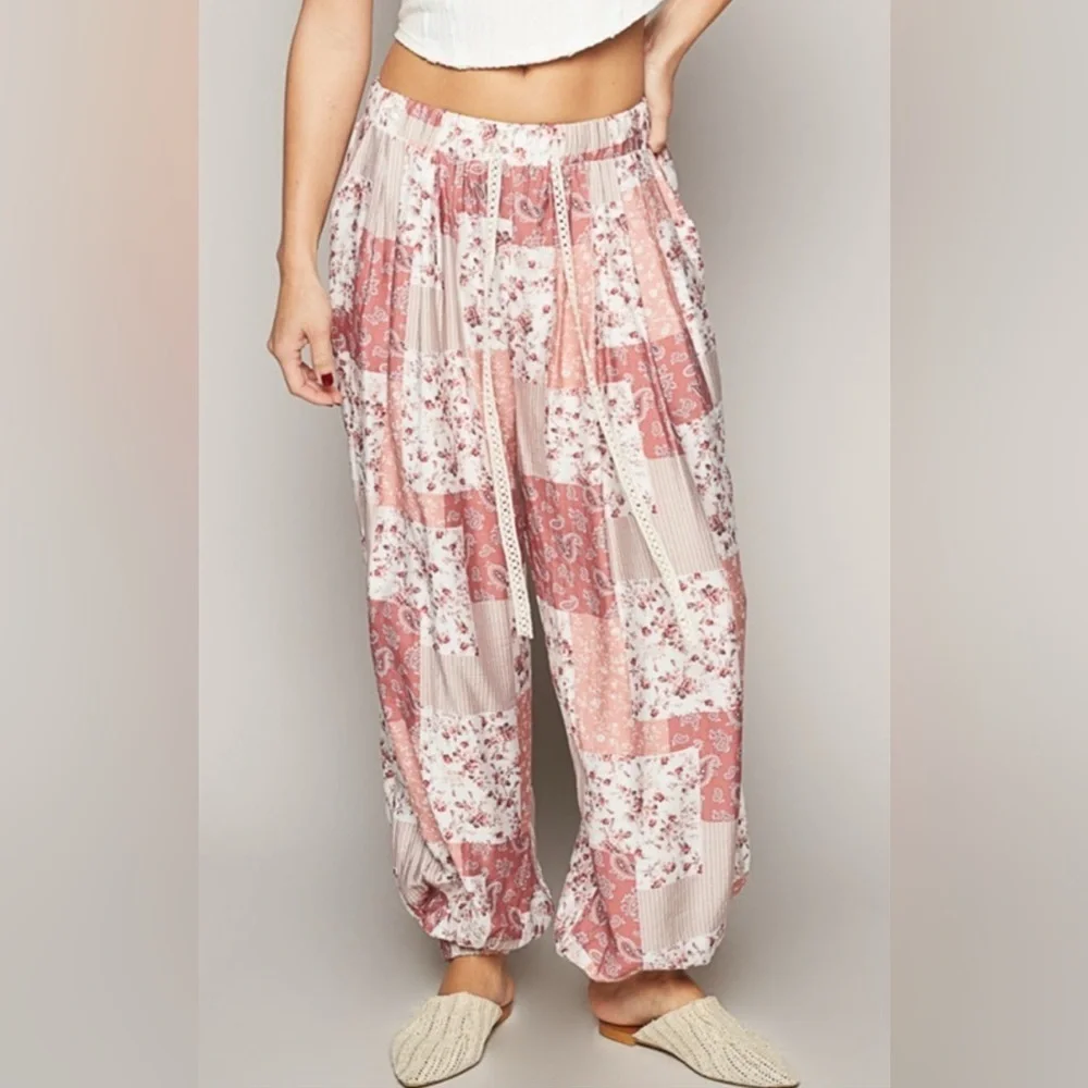 POL Pink Patchwork Joggers in Rose Multi Print 🌸💗 Lightweight, Cozy & Comfy 🌸💗